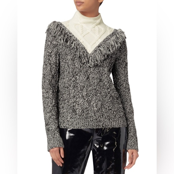 Intermix Deja Fringe Cable Knit Wool Blend Turtleneck Sweater - Picture 3 of 16